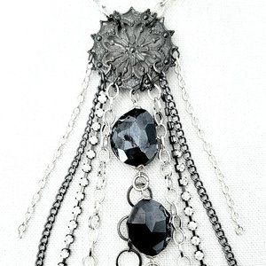 #499 Chunky Dark-Blue Crystal Gemstone MEGA Fringe & Tassel Statement Necklace